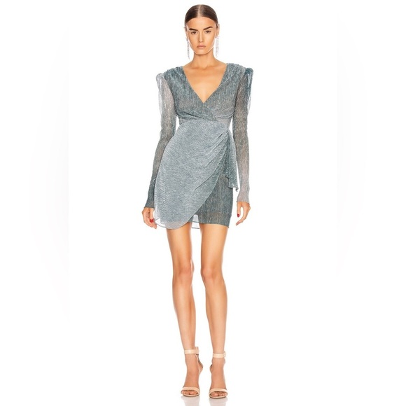 PatBO Dresses & Skirts - PatBO Silver Asymmetrical Wrap Dress with Bishop Sleeves SZ XS (0)
